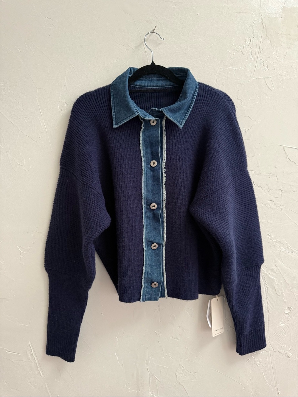 Commense Navy Blue Knit Cardigan with Denim Trim